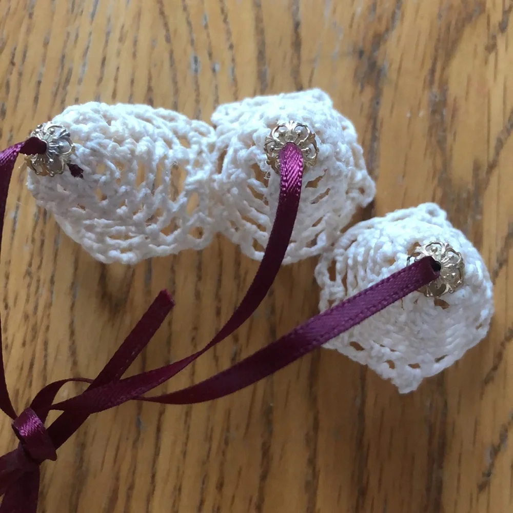 Set of 4 crocheted Christmas ornaments- Angel, tree, bells,drummer